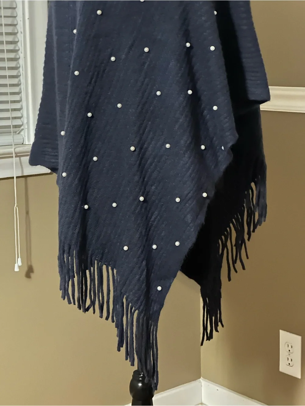 kathy ireland Navy Pearl-Embellished Cowl Neck Poncho Sweater - Picture 4 of 5